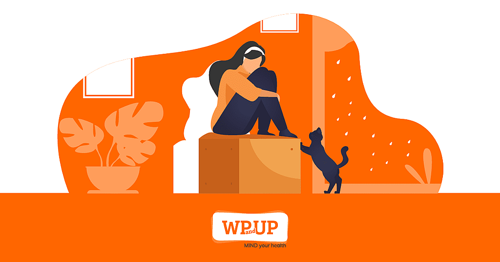 Illustrated woman sitting on a box with a cat reaching out to her