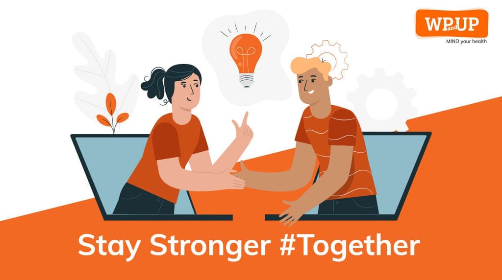 Two illustrated people talking through laptops