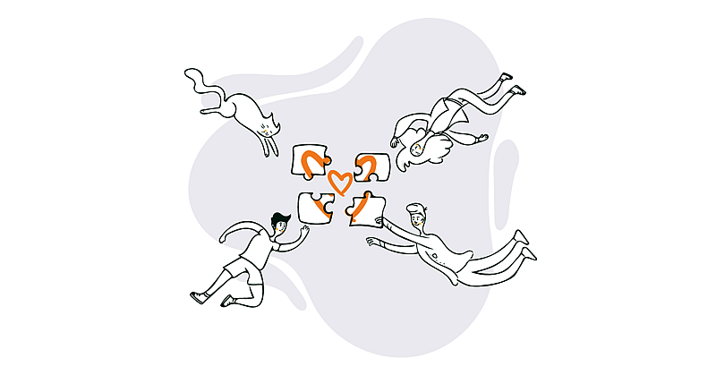 An illustrated image of people coming together to complete a puzzle featuring a big orange heart in the design