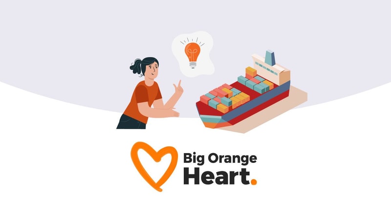 An illustrated image of a person having an idea and a container ship