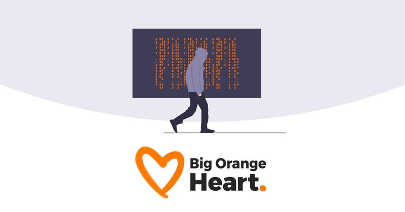 An illustrated individual walking with a hoodie up, in front of a screen of code