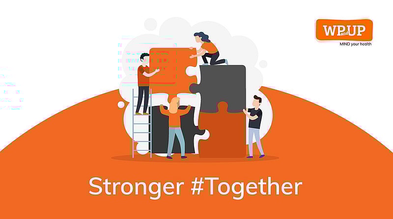 Illustrated image of four people putting a puzzle together