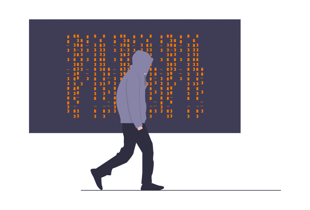 man in hoodie walking in front of wall of code
