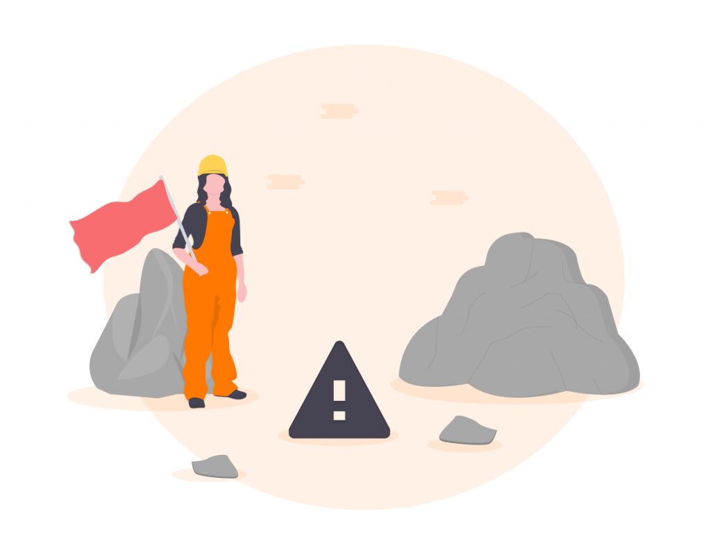 construction woman holding red flag with a warning triangle
