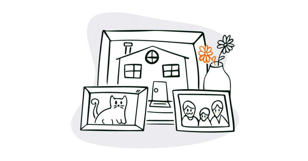 An illustrated image of a family home, pet, and family in pictures
