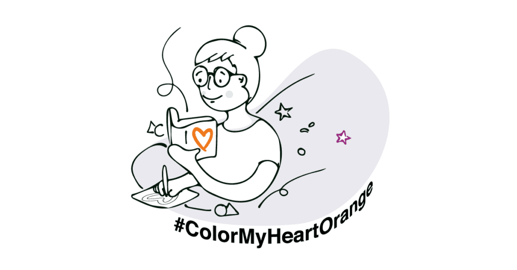 An illustrated image of a person coloring a heart