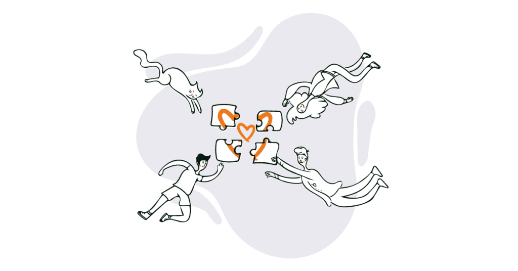 An illustrated image of people coming together to complete a puzzle featuring a big orange heart in the design